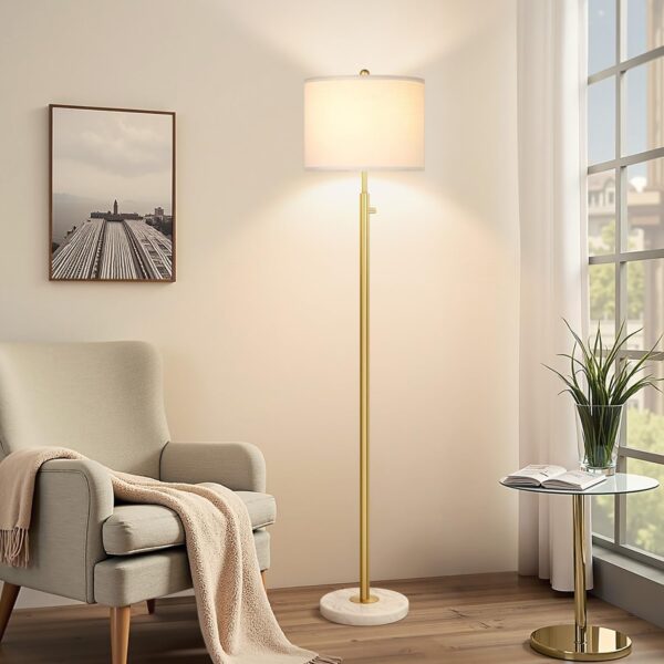 【Upgraded】Dimmable Gold Floor Lamp for Living Room, 11W LED Bulb Included, Modern Standing Lamp with Marble Base, Tall Pole Light with White Linen Shade for Bedroom Reading Office Corner Nursery
