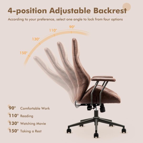 High Back Home Office Chair,Mid Century Modren Ergonomic Executive Chair,Lumbar Support Swivel Task Chair with Wheels,Computer Desk Chair Suede Fabric,350LBS (Dark Brown)