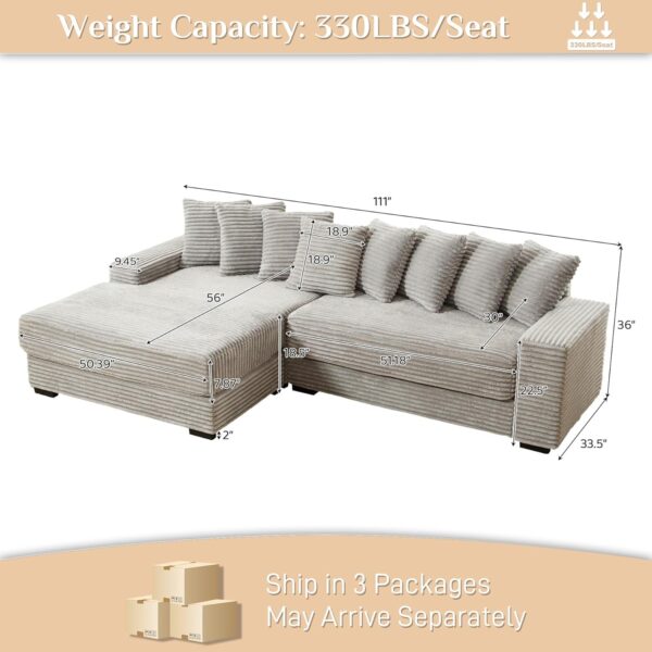 Comfy L Shaped Sectional Couches for Living Room, 111" Oversized Modular Sectional Sofa with Chaise, Modern Fluffy Plush Corduroy Couch Sctional Sofa 2 Piece (Left Facing, Grey)
