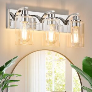 3-Light Bathroom Light Fixtures Modern Chrome Vanity Lights for Bathroom Lighting fixtures Over Mirror with Clear Glass Shade for Cabinet Mirror Bedroom Hallway