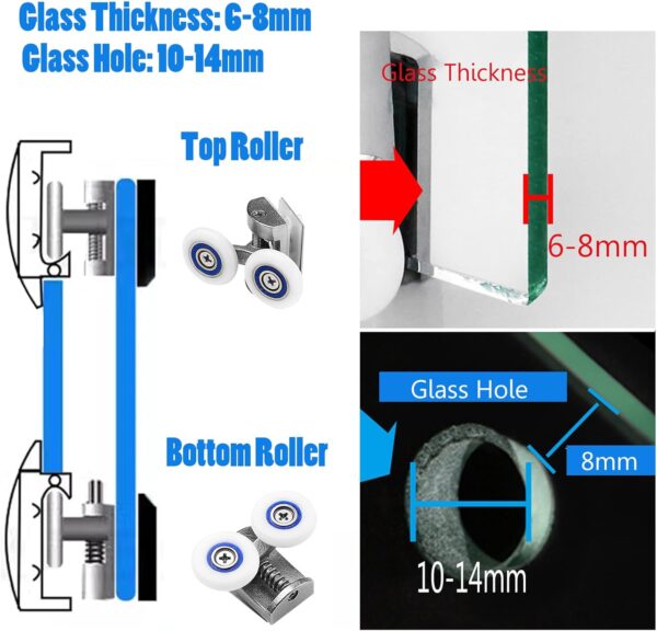 26mm Shower Door Rollers, 4PCS Sliding Shower Doors Wheels, Replacement Wheels Shower Doors，2xDouble Twin top/Bottom Shower ，Shower Door Runners Pulleys for Curved Glass Doors 6-8mm
