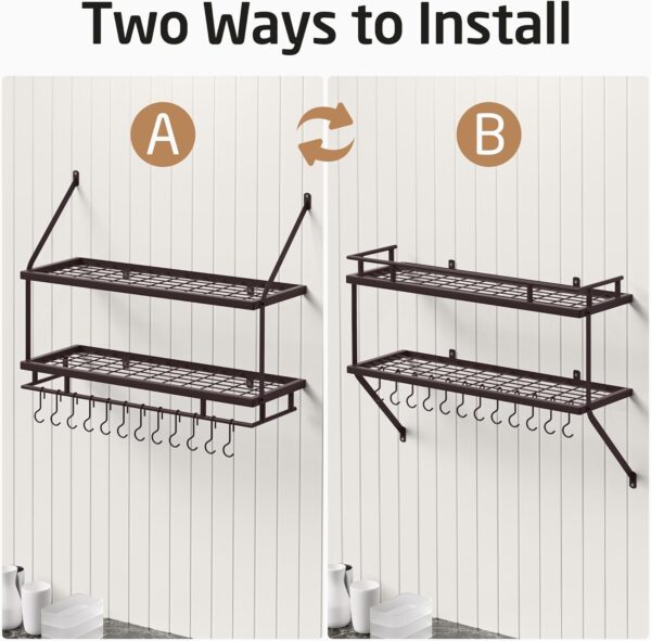 KES 30-Inch Oiled Bronze Pot Rack Wall Mounted, 2-Tier Hanging Pot and Pan Organizer with 12 Sturdy Hooks, Kitchen Wall Hanger Shelves Farmhouse Style, KUR215S75B-OB