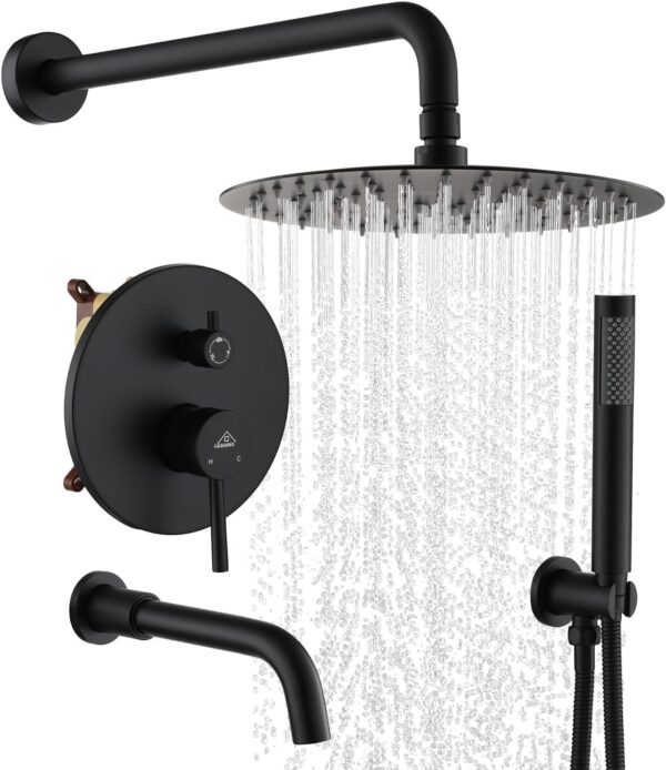 CASAINC Shower Faucets Sets Complete, 10" Round 3 Functions Rain Shower Head with Handheld Spray and Bathtub Spout Wall Mounted Shower System (Matte Black)