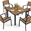 HDPS Patio Table and Chairs Set, 5 Piece Square Table Patio Furniture Set, HDPS All-Weather Material Outdoor Dining Table and Chair,Outdoor Furniture Set with Umbrella Hole, Brown-Oil Printed
