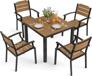 HDPS Patio Table and Chairs Set, 5 Piece Square Table Patio Furniture Set, HDPS All-Weather Material Outdoor Dining Table and Chair,Outdoor Furniture Set with Umbrella Hole, Brown-Oil Printed