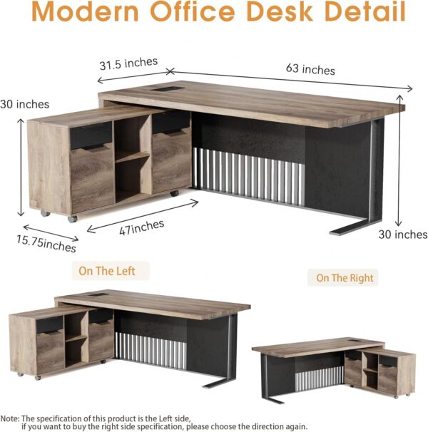 63 Inch L Shaped Executive Office Desk with 2 Drawers, Modern Home Office Desk with File Cabinet, Business Furniture w/Stand Under Desk Storage Organizer with 4 Wheels