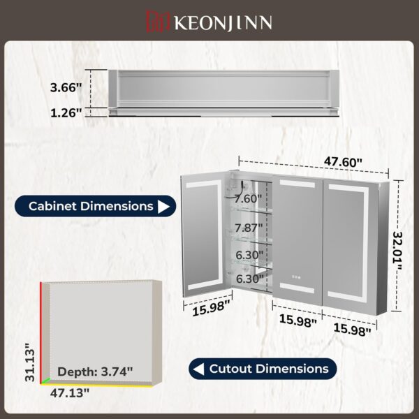 Keonjinn 48 x 32 Inch Lighted Medicine Cabinet for Bathroom with Outlets, Anti-Fog Lighted Medicine Cabinet with Mirror 3 Colors Dimmable, Tempered Glass 2-Side Front Lit Bathroom Mirror with Storage