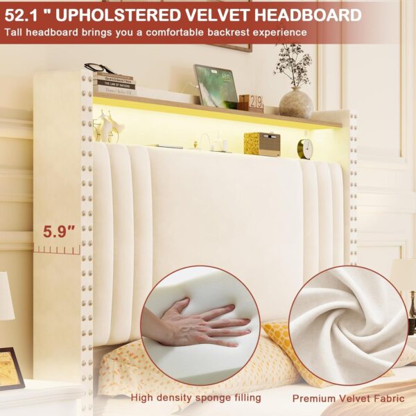 Queen Bed Frame with Tall Headboard & LED Light,Velvet Upholstered Bed Frame with Storage Headboard & Charging Station,Tufted Platform Bed Frame,No Box Spring Needed,Cream