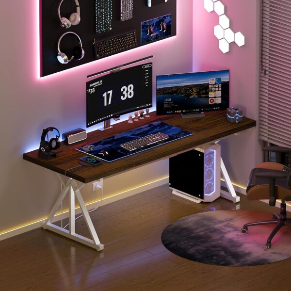 70.8-Inch Executive Desk with Power Outlet, Large Office Desk, Long Home Office Table, Big Writing Computer Tbale, Modern Work from Home Desk Office Furniture for Laptop, White