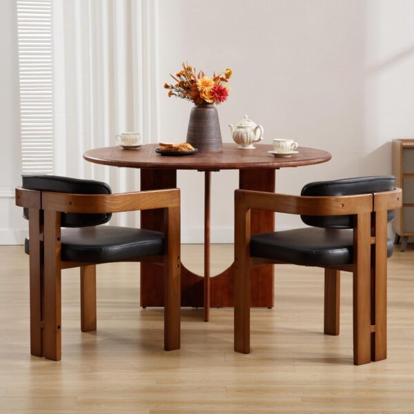 Farmhouse Dining Chairs Set of 2 Upholstered Kitchen Chair Solid Oak Side Chair, Faux Leather Barrel Accent Chair with Arm for Dining/Living Room/Bedroom/Restaurant, Black