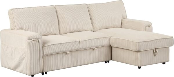 96" Convertible Sleeper Sofa Bed, Pull Out Sectional Sofa with Storage Chaise, Modern L-Shaped Corner Couch with Cup Holders & Pockets for Small Spaces, Apartment, Living Room, Beige