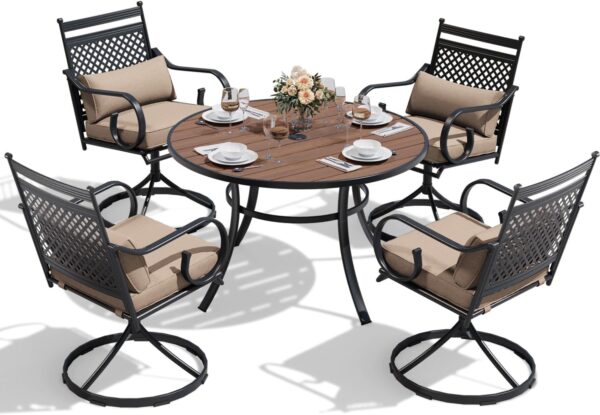 MELLCOM 5-Piece Outdoor Dining Set, 4 Swivel Rocker Chairs with Thick Cushions & Pillows, Round Dining Table with Umbrella Hole, Patio Furniture Set for Porch, Garden, Backyard, Poolside, Deck, Khaki