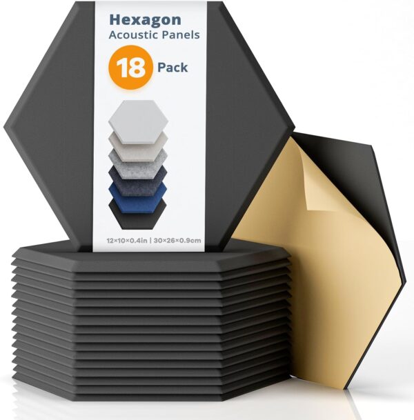 Hexagon Acoustic Panels, Kuchoow Soundproof Wall Panels Self-Adhesive, 18 Pack High Density Sound Absorbing Panels, 12"X10"X0.4" Acoustic Treatment for Recording Studio Office Home, Black