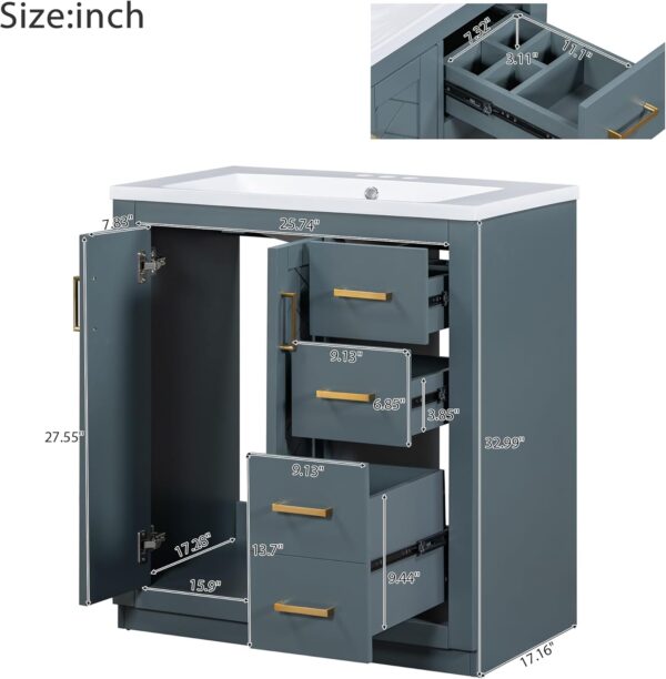 30 Inch Bathroom Vanity with Ceramic Sink, Traditional Bathroom Storage Cabinet with 3 Drawers and 2 Chevron Front Doors, Solid Wood Frame Bathroom Vanities