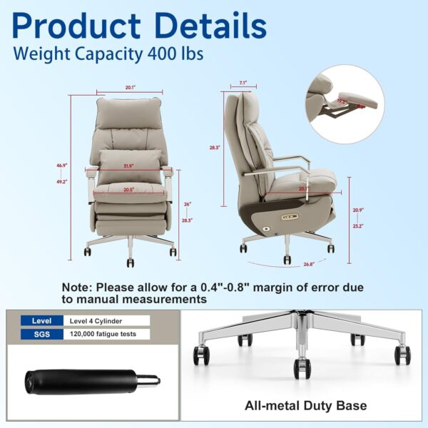 Ergonomic Executive Office Chair with Footrest – 400LBS Big and Tall PU Leather Desk Chair, One-Click Electric Recline with Massage & Pillow Support, High Back Wide Seat for Home Office (White)
