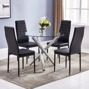 Modern 5-Piece Round Glass Dining Table Set for 4, 35" Round Dining Room Table with 4 High-Back Upholstered Chairs for Small Spaces Apartment (Clear & Black)