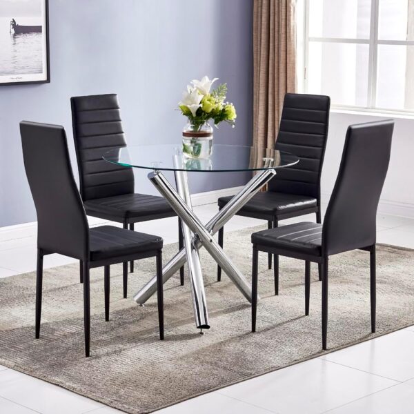 Modern 5-Piece Round Glass Dining Table Set for 4, 35" Round Dining Room Table with 4 High-Back Upholstered Chairs for Small Spaces Apartment (Clear & Black)