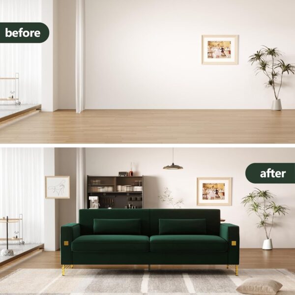 85.63'' Mid-Century Modern Green Velvet Sofa Couch with Metal Gold Legs, 3 Seater Tufted Loveseat Couches with 2 Lumbar Pillows for Living Room and Apartment