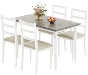 DWVO 5 Piece Dining Table Set with Upholstered Chairs Kitchen Table and Chairs for 4 People Rectangular Modern Dinner Table Set with Roman Column Style for Dining Room Kitchen Small Spaces, Grey