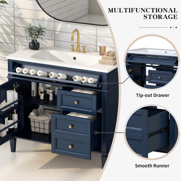 36'' Bathroom Vanity with Top Single Resin Sink Countertop, Solid Wood Frame Modern Storage Cabinet, 2 Drawer and Shelves, Soft Closing Doors, Blue