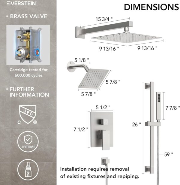 10" High-Pressure Rainfall Shower Faucet with Handheld Spray, Wall Mount Dual Shower Head System with Slide Bar (Brushed Nickel)