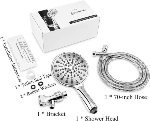 Handheld Shower Head, 6" Chrome Face 6 Spray Setting Shower Head with High Pressure, Brass Swivel Ball Mount and Extra Long Flexible Stainless Steel Hose