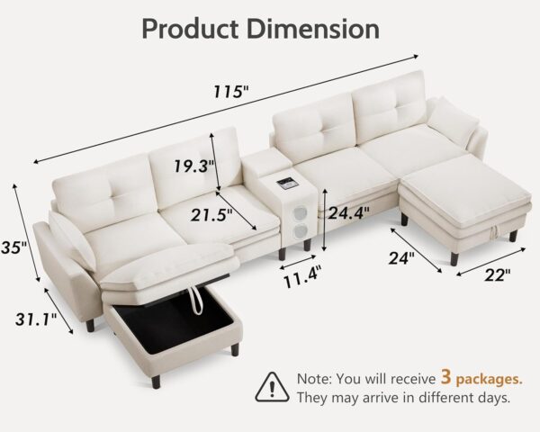 WEUP 115” Modern Cloud Couch Sectional Sofa with Bluetooth Speaker & USB Charger, LED Light, Storage Ottomans, Comfy Boucle U-Shaped Sectional Couches for Living Room, Apartment, White