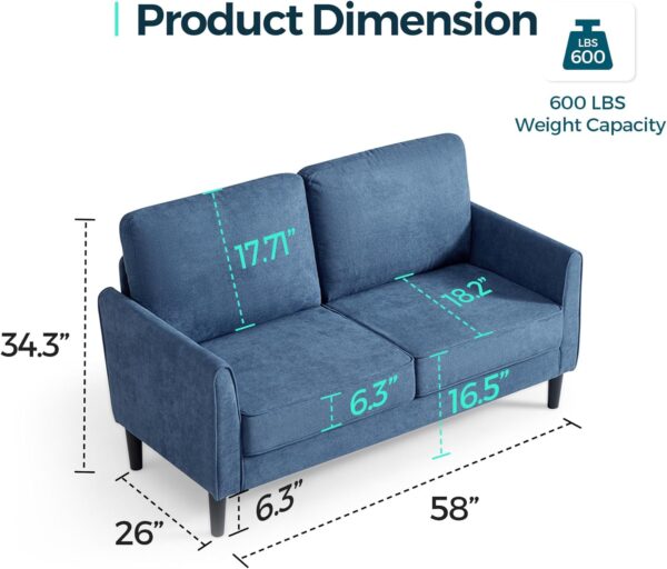 LINSY Loveseat Sofa Couch - Comfy 58" Small Loveseat for Small Spaces Modern Couches with Thick Cushion, Ergonomic Design Soft Sofa for Living Room Bedroom Apartment (Blue)