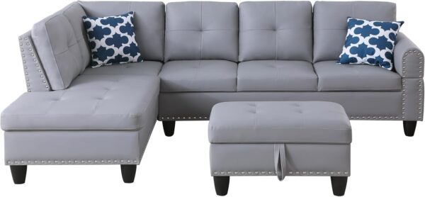 3 Piece Modular Sectional Sofa with Right Chaise, L-Shaped Nailhead Decor Faux Leather Upholstered 5 Seater Corner Sofa&Couch with Cupholders and Storage Ottoman for Home/Apartment/Office Living Room