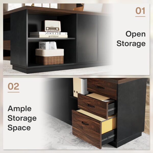 Tribesigns 78" L-Shaped Executive Desk, Large Office Desk with Drawers and Lateral File Cabinet, Business Furniture with Storage Shelves, Modern Computer Desk for Home Office, Walnut & Black