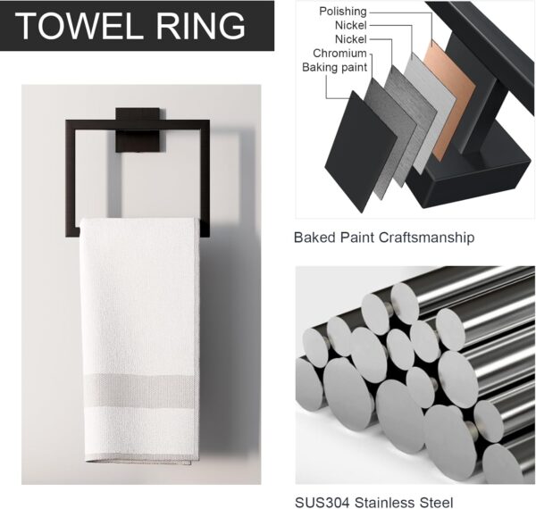 5-Piece Matte Black Bathroom Accessories Set, SUS304 Stainless Steel Wall Mounted 16 Inch Hand Towel Bar, Toilet Paper Holder, Towel Ring, Towel Hooks, Bathroom Hardware Set, Towel Bar Set