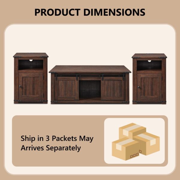 Farmhouse Furniture Set of 3, Includes 48" Lift Top Coffee Table with Sliding Groove Barn Door and Double Storage, Two Open 20" Nightstands with Charging Stations& Adjustable Shlef. Brown