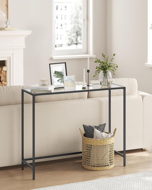 VASAGLE 39.4 Inches Console Table, Tempered Glass Sofa Table, Modern Entryway Table, Metal Frame, Easy to Assemble, Adjustable Feet, for Living Room, Hallway, Black ULGT026B01