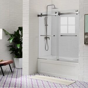 Brushed Nickel Frameless Double Sliding Shower Door 56-60'' W x 62'' H,Glass Door for Bathtub with 3/8" (10mm) Clear SGCC Tempered Glass,Stainless Steel Hardware