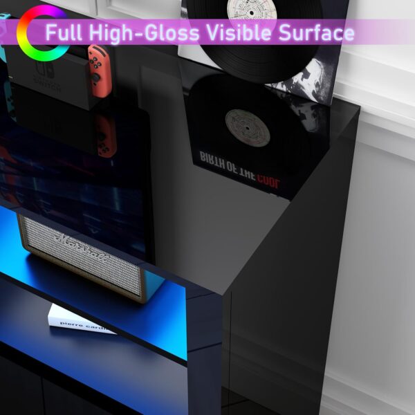 Black TV Stand for 65/75/80/85 Inch TVs with RGB LED Lights,32'' Tall Modern High Gloss Entertainment Center Cabinet Stands with Storage Shelves and Doors,TV Media Console Table for Living Room
