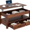 Rolanstar Coffee Table, Lift Top Coffee Table with Drawers and Hidden Compartment, Retro Central Table with Wooden Lift Tabletop, for Living Room,Espresso