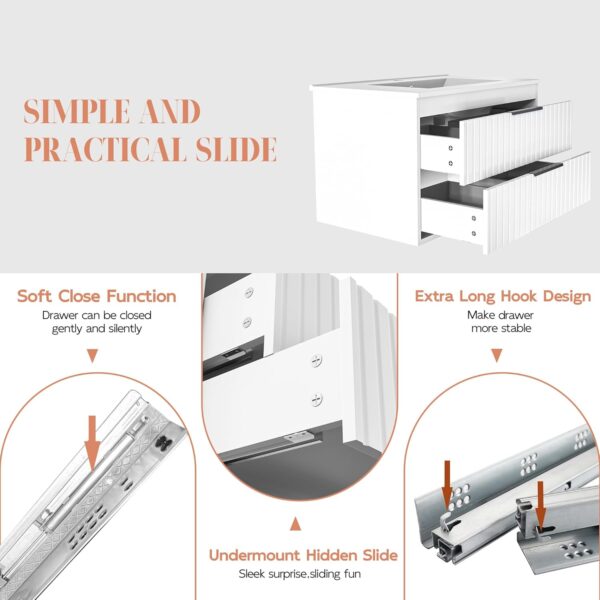 30" Bathroom Vanity with Sink, Floating Vanity Bathroom Sink Cabinet Wall Mount, Soft-Close Function 2 Large Drawers, Grooved Stripe Design, Hidden Damping Drawers, White