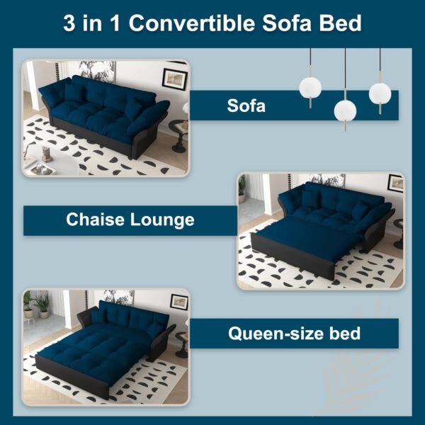 3 in 1 Convertible Sleeper Sofa Bed Queen Size - Modern Cloud Futon Loveseat Couch Pull Out Sofabed Lounge Chaise w/Thicked Cushions and 2 Throw Pillows for Living Room Office RV Small Places
