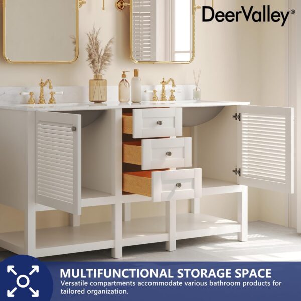Deer Valley 60'' Bathroom Vanity with Double Sink Top, Pre-Assembled Modern Wood Bathroom Cabinet Sink Combo with Backsplash, Soft Closing Doors, Multifunctional Storage Space Vanity (White)