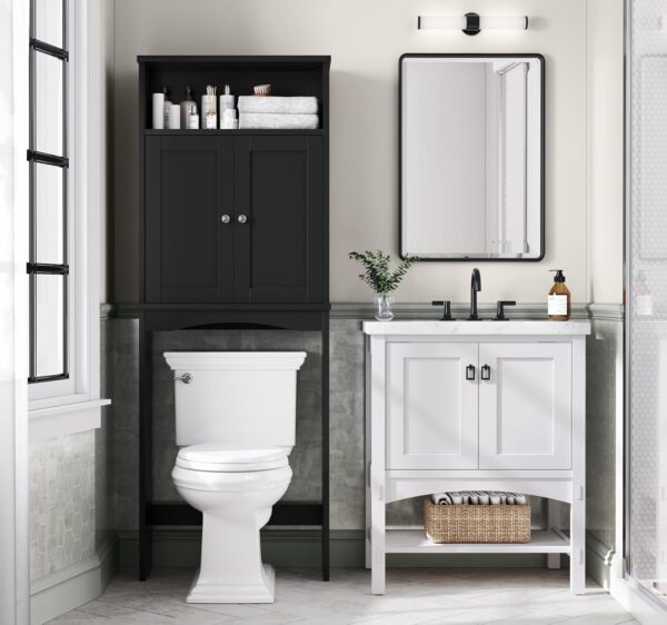 Over The Toilet Storage Cabinet, Over The Toilet Storage with Adjustable Shelf and Double Doors, Above Toilet Storage Cabinet for Bathroom Storage Over Toilet Bathroom Organizer (Black)