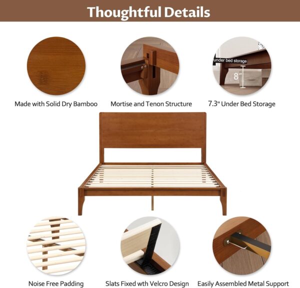 Merax Queen Size Bamboo Platform Bed, Mid-Century Modern Bed Frame with Tall Headboard, Wood Slat Support, No Box Spring Needed, Easy Assembly, Brown