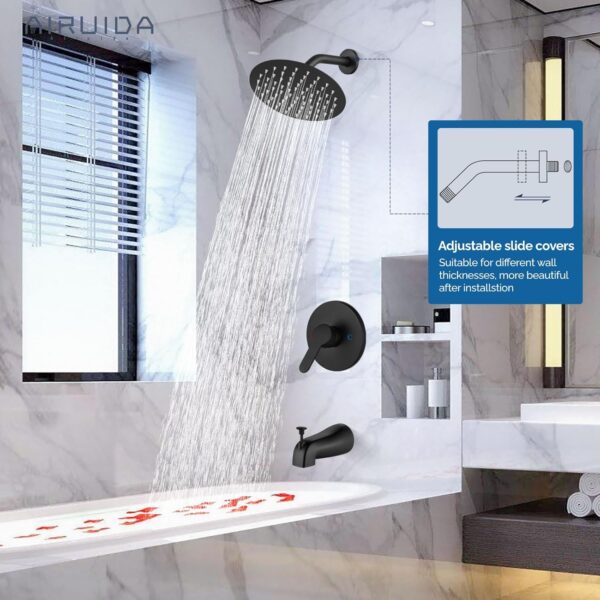 Airuida Shower Faucet Set with Tub Spout Bathtub Faucet Kit Shower Tub Faucet Set Complete Tub Shower Trim Kit with Solid Brass Rough-in Valve Rainfall Round 8 Inch Shower Head Matte Black