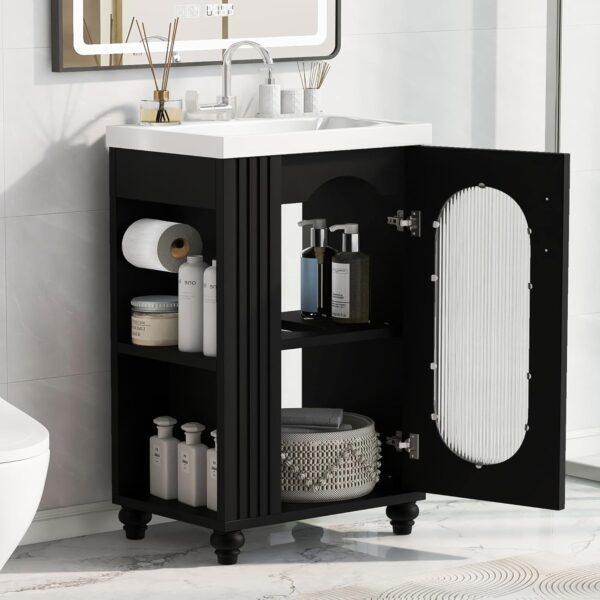 20-inch Bathroom Vanity with Sink, Free Standing Bathroom Vanity Cabinet with Two-Tier Shelf and Glass Door, Wooden Bathroom Set Organizer with Single Ceramic Sink for Bathroom, Black