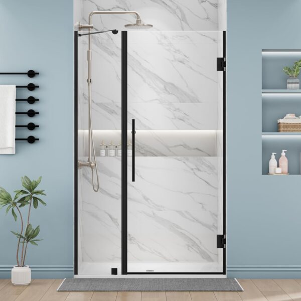 DELAVIN 40" W x 72" H Frameless Glass Shower Door, Hinged Single Swing Shower Door with Stainless Steel Hinges and Handle, Matte Black Shower Doors can be Installed Left and Right, Magnetic Closing