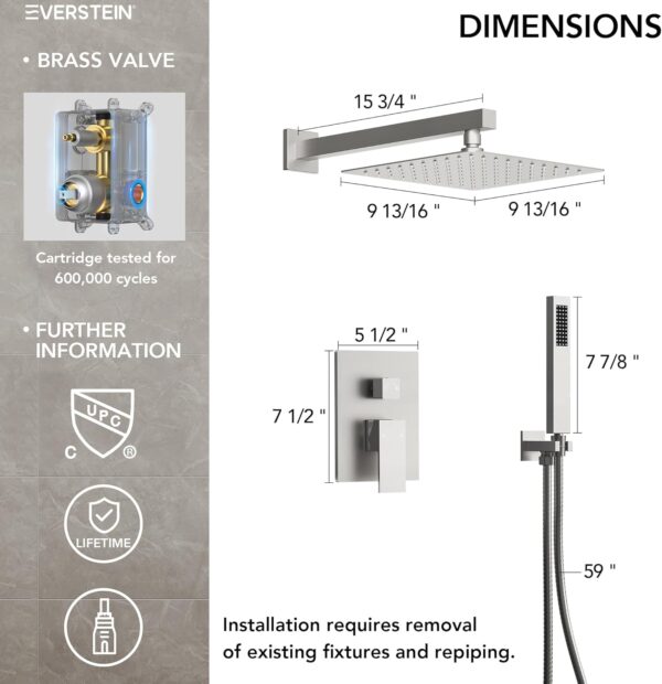 10" High-Pressure Rainfall Shower System with Handheld Spray, Wall Mount Bathroom Shower Faucet Set with Valve (Brushed Nickel)