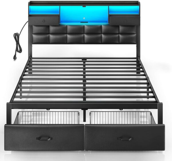 Rolanstar Bed Frame Queen Size with Drawers and Charging Station, Upholstered Platform Bed with Storage Headboard and LED Light, Heavy Duty Metal Frame Support, No Box Spring Needed, Noise Free, Black
