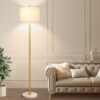 【Upgraded】Dimmable Gold Floor Lamp for Living Room, 11W LED Bulb Included, Modern Standing Lamp with Marble Base, Tall Pole Light with White Linen Shade for Bedroom Reading Office Corner Nursery