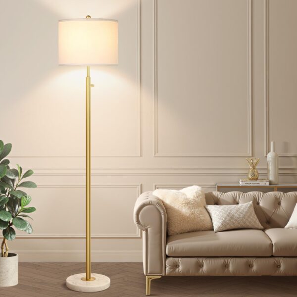 【Upgraded】Dimmable Gold Floor Lamp for Living Room, 11W LED Bulb Included, Modern Standing Lamp with Marble Base, Tall Pole Light with White Linen Shade for Bedroom Reading Office Corner Nursery