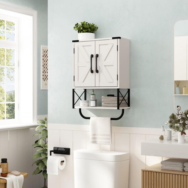 RUSTOWN Farmhouse Rustic Medicine Cabinet with Two Barn Door,Wood Wall Mounted Storage Cabinet with Adjustable Shelf and Towel Bar, 3-Tier Cabinet for Bathroom, Living Room(Vintage White)