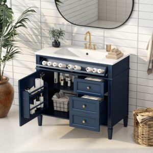 36'' Bathroom Vanity with Top Single Resin Sink Countertop, Solid Wood Frame Modern Storage Cabinet, 2 Drawer and Shelves, Soft Closing Doors, Blue